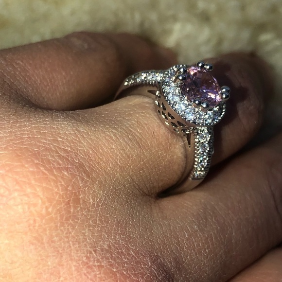 SILVER Tone Simulated Pink Sapphire Halo Ring Filigree Setting Costume Ring s7 - Picture 4 of 6